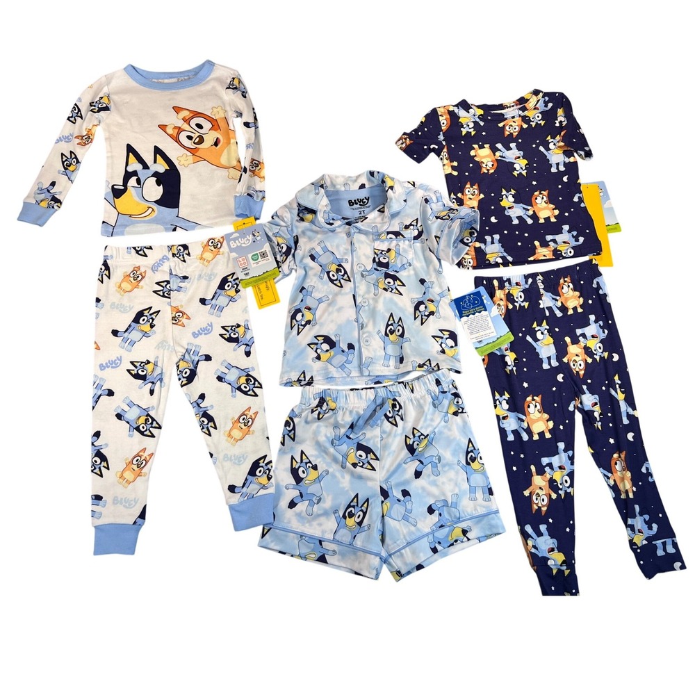 Bluey Toddler Pajamas 3 Set Bundle 2T Blue White Navy Cotton Viscose NWT 6pc